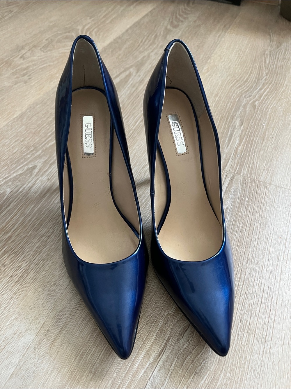 GUESS Navy Patent Pointed-Toe Pumps